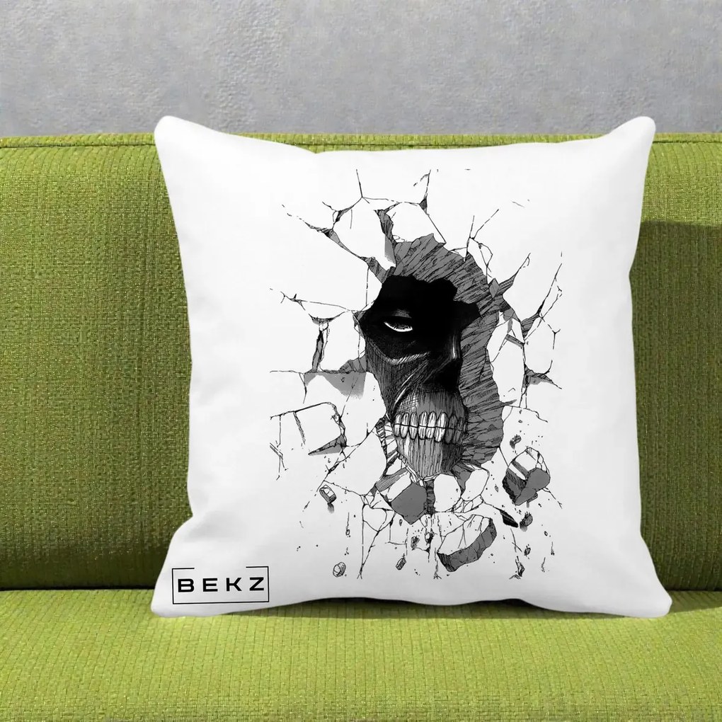 Perna Personalizata Attack on Titan Titan Crapand Zidul, 40x40 cm, Alba Mata, Husa Detasabila, Perna Inclusa, BEKZ®