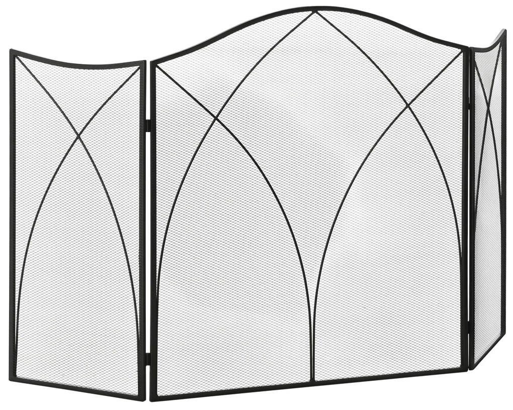 HOMCOM Parascântei pentru Șemineu din 3 Părți Pliabil cu Decorațiuni, Paravan de Protecție din Metal, 126x2x76 cm, Negru | Aosom Romania