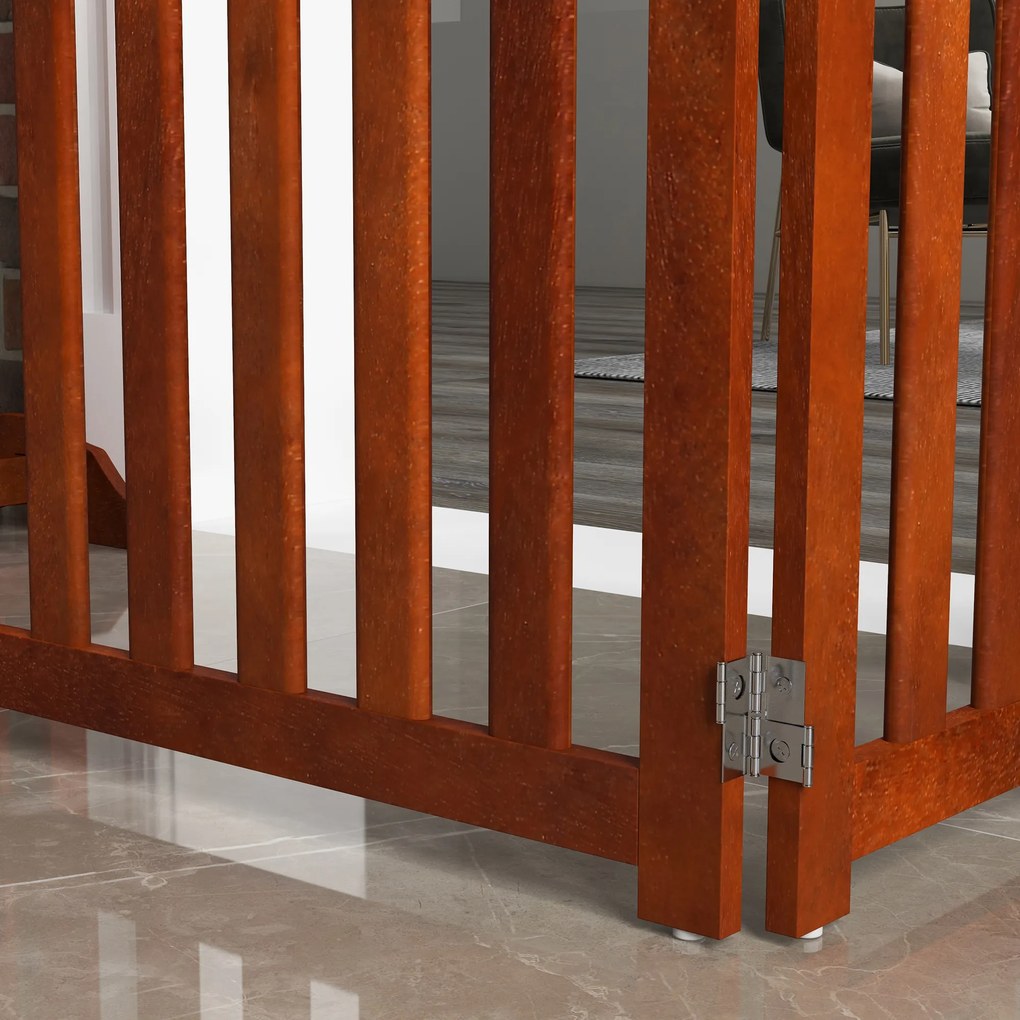 PawHut Barieră de siguranță câine pliabilă dublă față din lemn, 4 panouri cu ușă, picioare de suport, 205 x 60 cm, maro | Aosom Romania