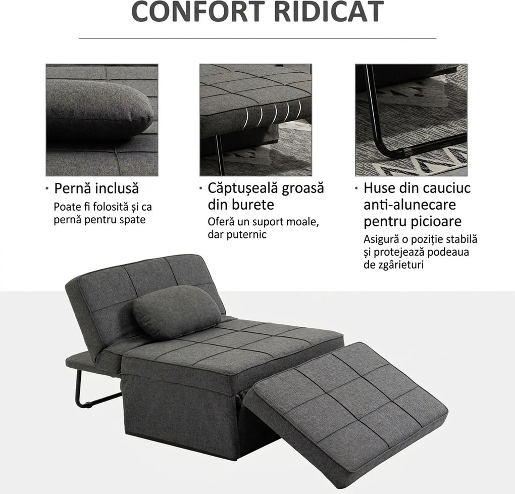 HOMCOM Canapea extensibilă cu Spătar Reglabil pe 5 Nivele și Pernă Suplimentară, 95x179x78 cm, Gri | Aosom Romania