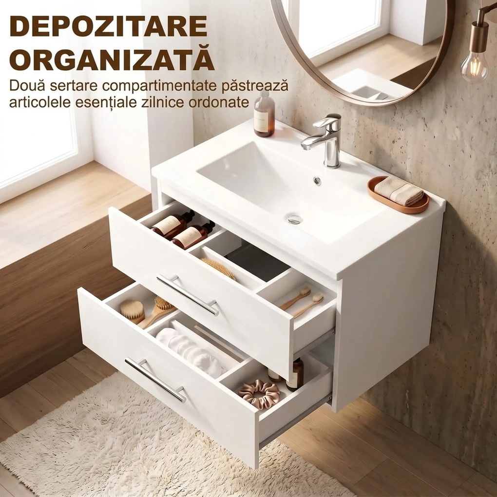 HOMCOM Dulap cu Lavoar pentru Baie, Alb, cu 2 Sertare | Aosom Romania
