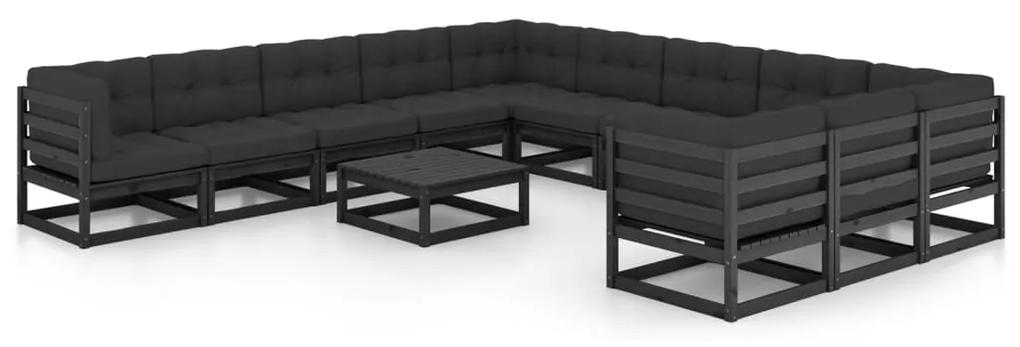 3077073 vidaXL Set mobilier de grădină cu perne12 piese, negru, lemn masiv pin