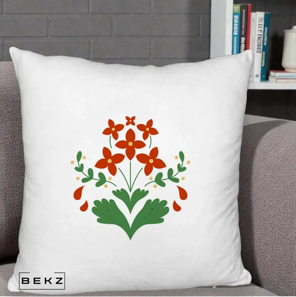 Perna Decorativa Buchet Floral Folk Rosu-Verde, 40x40 cm, Alb Pufos, Husa Detasabila, Perna Inclusa, BEKZ®