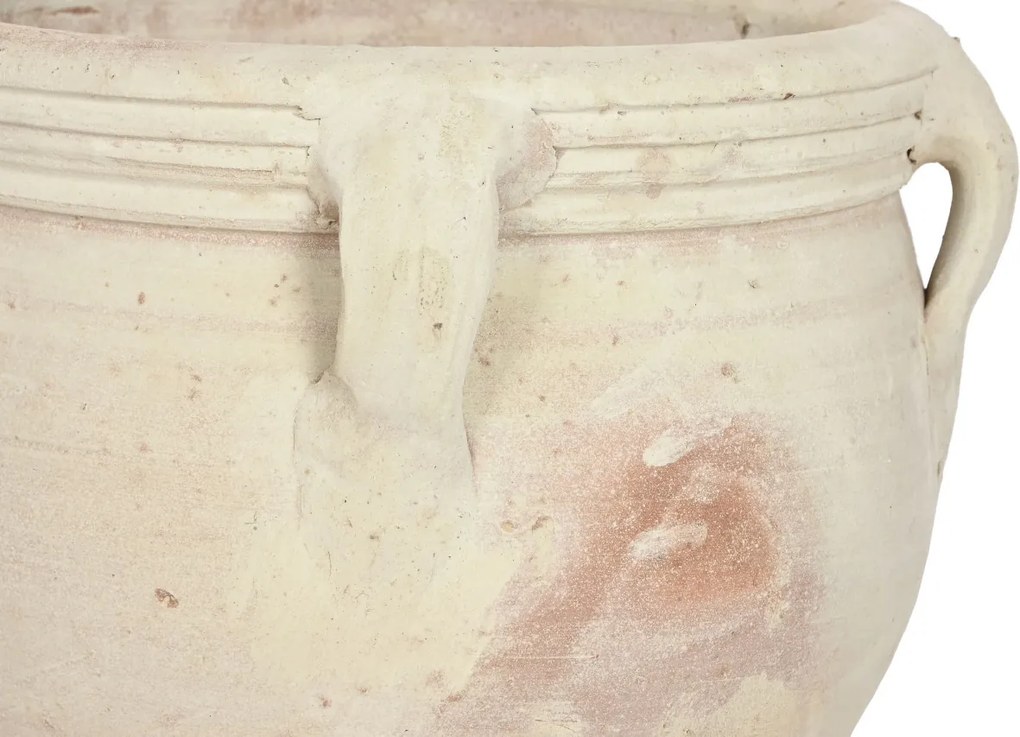 Set 3 ghivece decorative din teracotă artizanală, finisaj craft alb-crem, cu 4 anse fiecare, 45×45×38 cm, „Jerba"
