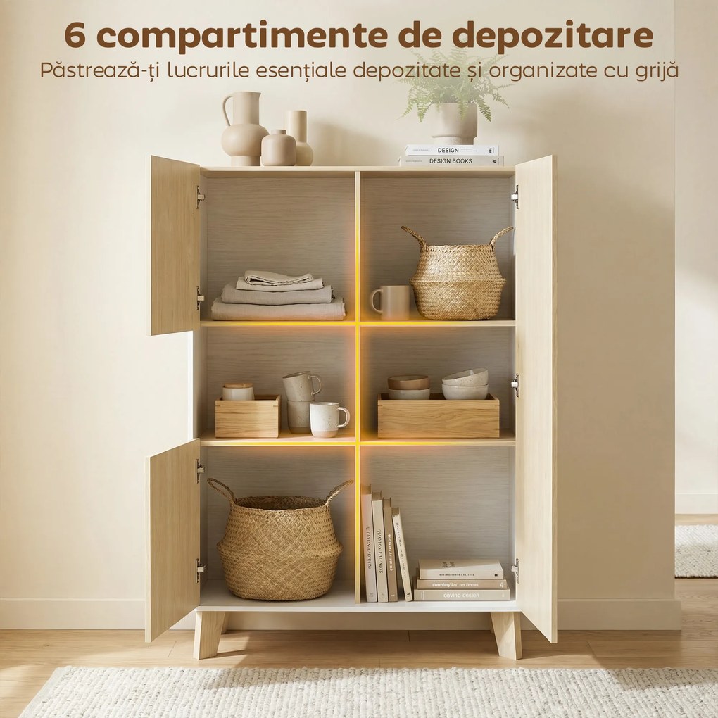 HOMCOM Servantă de Bucătărie, Mobilier de Bucătărie cu 6 Compartimente cu Uși Soft Close pentru Living, Sufragerie, Alb și Lemn | Aosom Romania