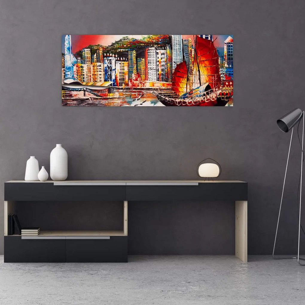 Tablou - Victoria Harbour, Hong Kong, pictură în ulei (120x50 cm)
