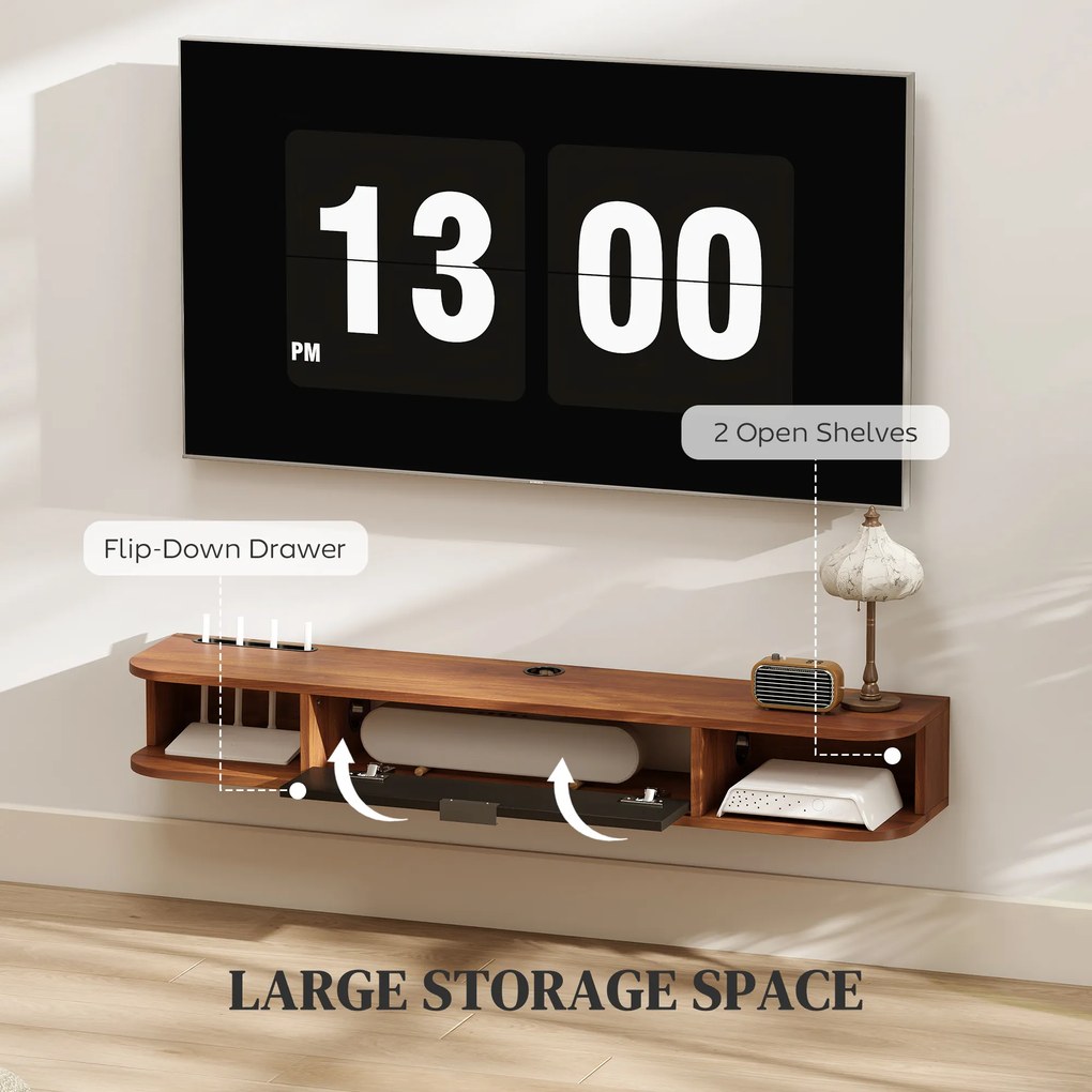HOMCOM Mobilier TV Suspendat, Suport TV Până la 50" cu Sertar Rabatabil, 2 Rafturi Deschise și Orificiu pentru Cabluri, Mobilier pentru Televizor pentru Sufragerie, Dormitor și Sală de Stat, 120x24x16 cm, Nuc | Aosom Romania