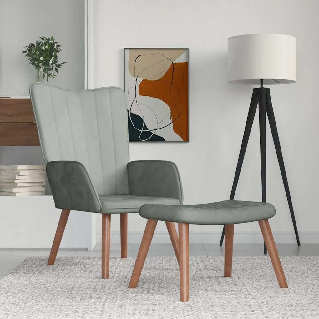 327666 vidaXL Scaun de relaxare cu taburet, gri deschis, catifea
