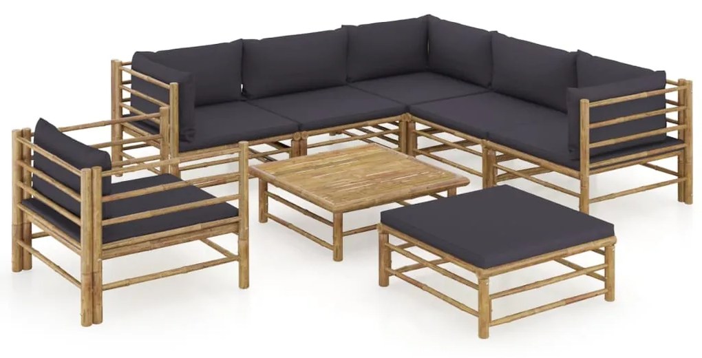 3058218 vidaXL Set mobilier de grădină cu perne gri închis, 8 piese, bambus