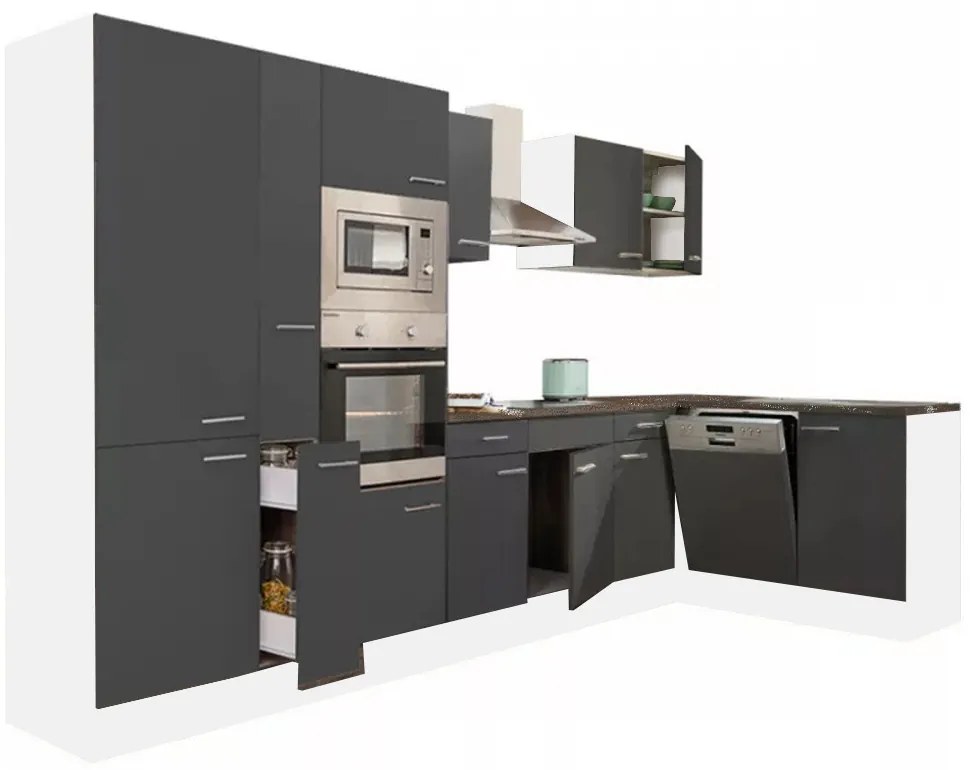 Mobilă de bucătărie de colț Yorki 370, corp alb, față antracit satinat, cu dulap cu raft