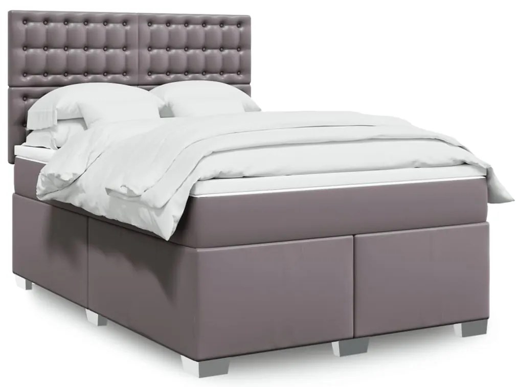 vidaXL Pat box spring cu saltea, gri, 160x200 cm, piele ecologică