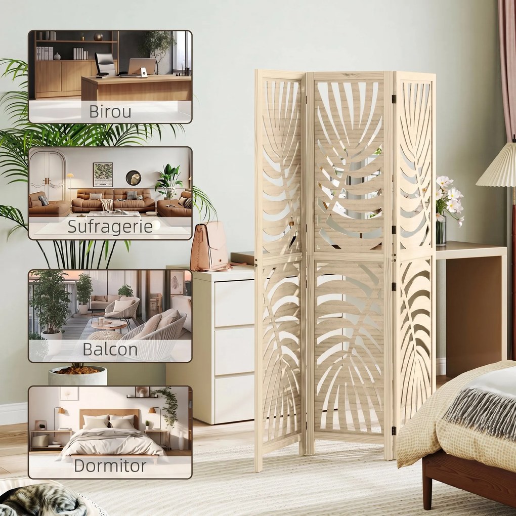 HOMCOM Paravan cu 3 Panouri, Separator Pliabil cu Design Frunze pentru Interior, Finisaj Natural | Aosom Romania