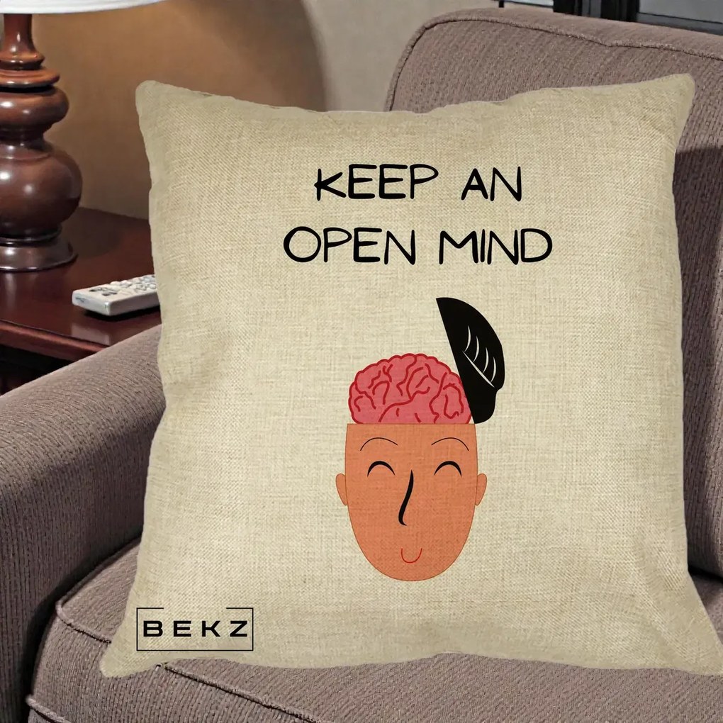 Perna Decorativa Keep An Open Mind, 40x40 cm, Crem, Husa Detasabila, Perna Inclusa, BEKZ®