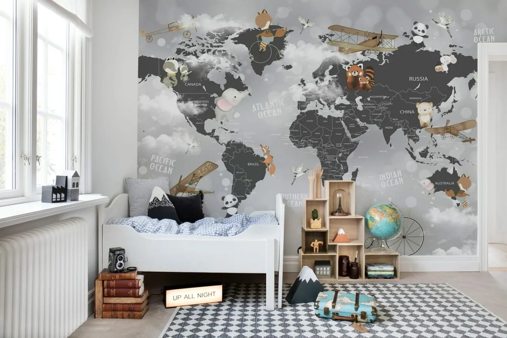 Tapet Animal World Map, Gray, Rebel Walls