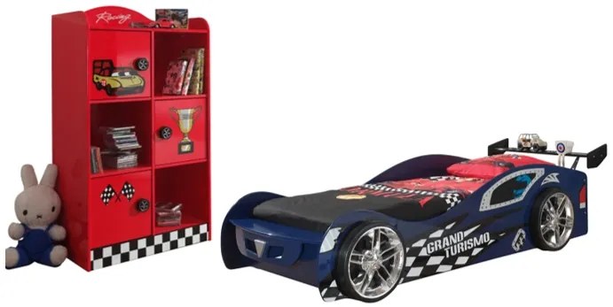 Set Cameră Auto pentru Copii: Pat GRAND TURISMO și Bibliotecă RACER, 2 Piese, Albastru/Roșu (MDF) – Vipack