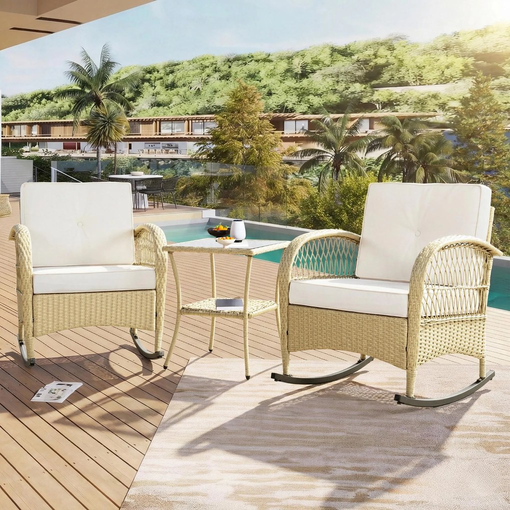 Set de mobilier din rattan pentru balcon (3 piese), 2 scaune balansoar confortabile cu spătar înalt, 80x76x86 cm, Bej
