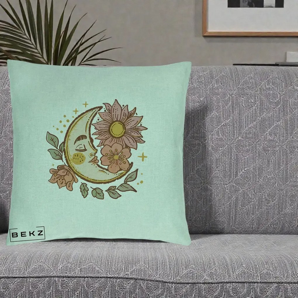 Perna Personalizata Luna Boho Chip Floral, 40x40 cm, Verde Menta, Husa Detasabila, Perna Inclusa, BEKZ®