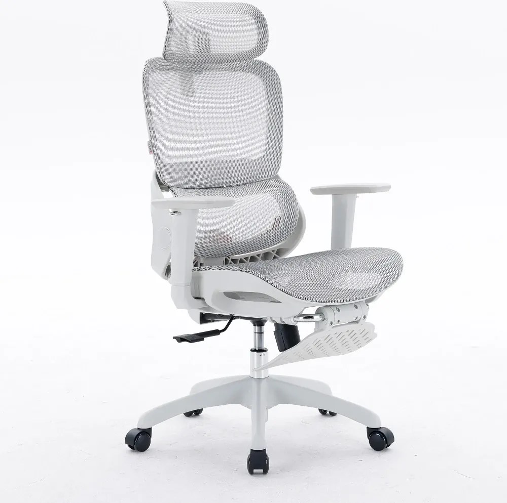 Scaun ergonomic SIHOO B100, Suport lombar dinamic cu ajustare automata, Cotiere 4D, Tetiera 3D, Mecanism multifunctional inclinare/blocare in 3 pozitii, Suport picioare, Mesh, Gri
