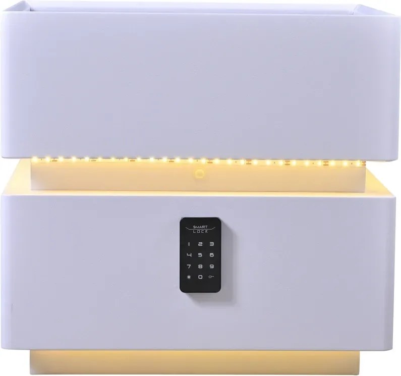 RESIGILAT- Noptieră inteligentă multifuncțională, sertar tip seif cu parolă, încărcare Wireless, difuzor Bluetooth, iluminare LED touch în 3 culori, Alb