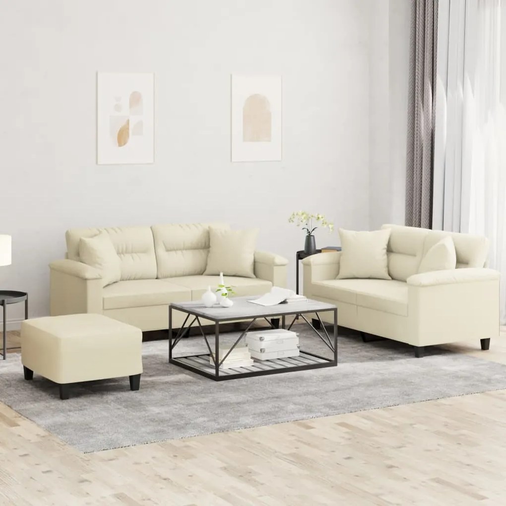 vidaXL Set de canapele cu perne, 3 piese, crem, piele ecologică