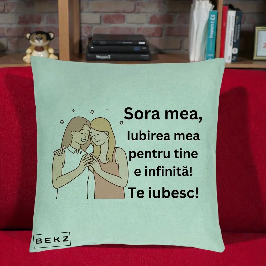 Cadou pentru Sora - Perna Personalizata Sora Mea Te Iubesc Imbratisare cu Sclipiri, 40x40 cm, Verde Menta, Husa Detasabila, Perna Inclusa, BEKZ®