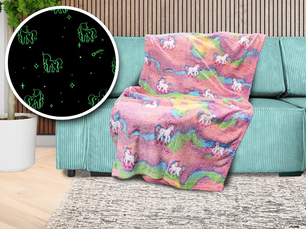 Patura fosforescenta microflanel UNICORN 150x200 cm roz