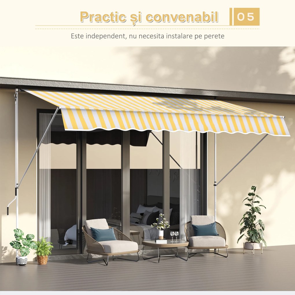 Outsunny Perdea Soare de Perete cu Stalp pentru Sprijin, Alb si Galben, 300x150cm