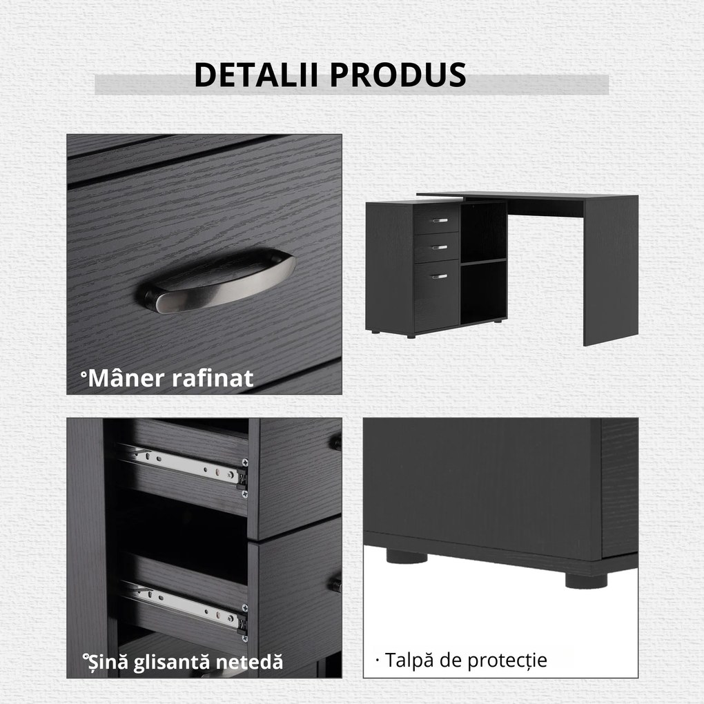 HOMCOM Masa de Birou de colt cu Sertar, pentru Birou si Casa, in Forma de L, Neagra