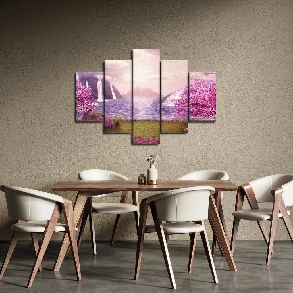 Tablou cu pomi roz cu lac (150x105 cm)