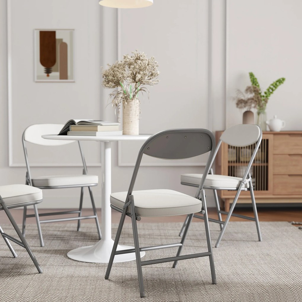 HOMCOM Set de 4 scaune pliante căptușite, Scaune pliante cu material catifea, spătar, cadru metalic, crem | Aosom Romania