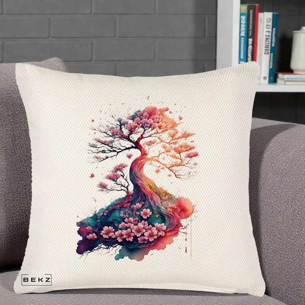 Perna Decorativa Copac Sakura Acuarela Fantasy, 40x40 cm, Crem Reliefat, Husa Detasabila, Perna Inclusa, BEKZ®