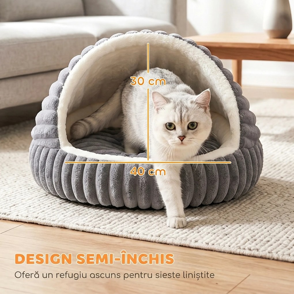 PawHut Culcuș pentru Pisici de până la 5 kg, Rotund Semiînchis, din Pluș cu Efect de Iepuraș, cu Pernă Lavabilă, Gri | Aosom Romania