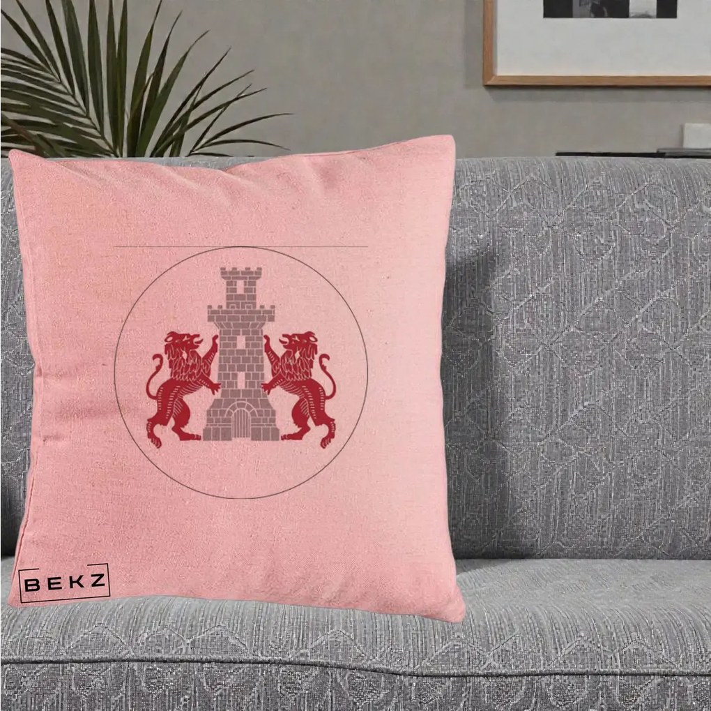 Perna Personalizata Cetatea Turnu Magurele Heraldic, 40x40 cm, Roz, Husa Detasabila, Perna Inclusa, BEKZ®
