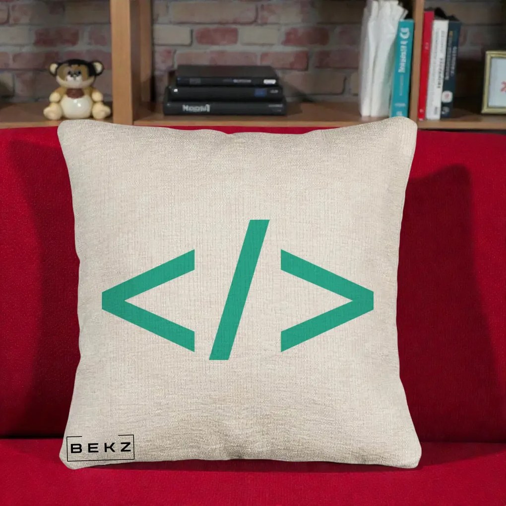 Perna Personalizata Cod HTML Turcoaz, 40x40 cm, Bej Canapea, Husa Detasabila, Perna Inclusa, BEKZ®