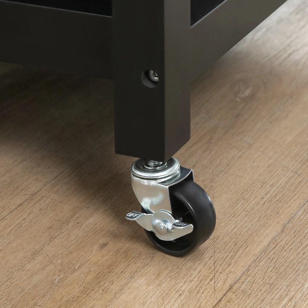 HOMCOM Dulap de Bucătărie cu Roți Dulap de Servire de Stil Contemporan - Ușă, sertar, 3 rafturi - mânere metal Blat Lemn de Hevea Negru | Aosom Romania