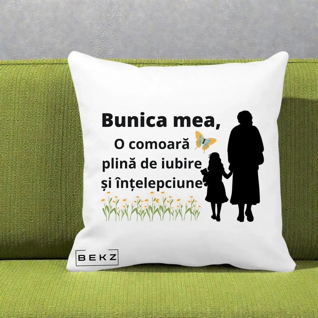Cadou pentru Bunica - Perna Personalizata Bunica Mea Comoara Iubire Intelepciune Varianta Extinsa, 40x40 cm, Alba Mata, Husa Detasabila, Perna Inclusa, BEKZ®