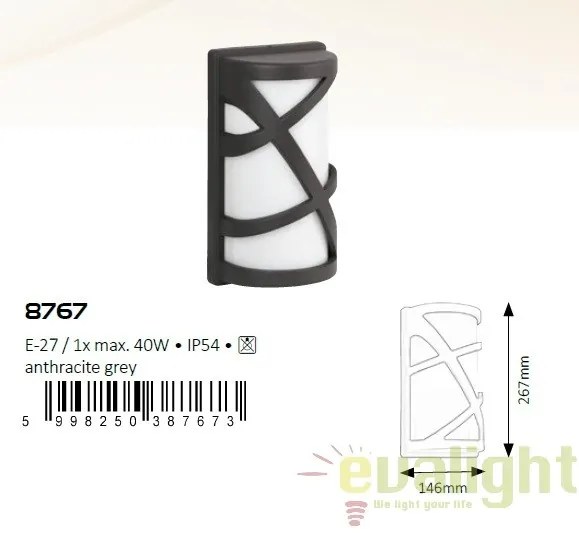 Aplica de perete cu protectie IP54 de exterior, finisaj antracit gri, Durango 8767 RX