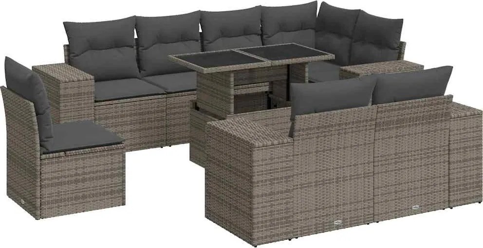 vidaXL Set canapele de grădină, 9 piese, cu perne, gri, poliratan