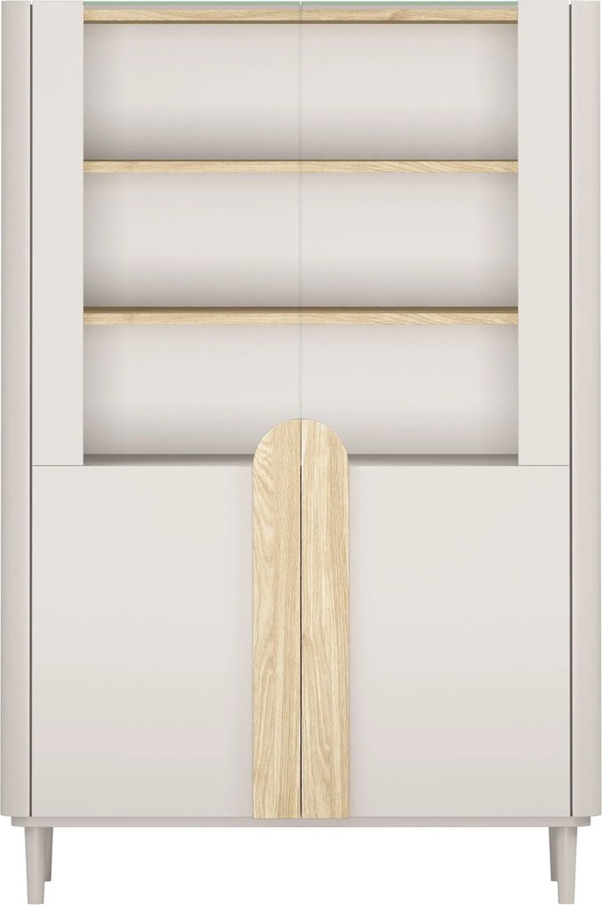 Vitrină cu picioare Amilio 100 cm, două uși - cașmir / stejar uleiat / mânere stejar deschis