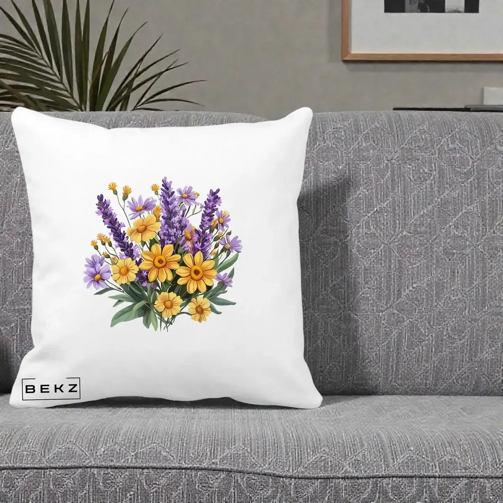Perna Decorativa Lavanda cu Margarete Galbene si Lila, 40x40 cm, Alba Mata, Husa Detasabila, Perna Inclusa, BEKZ®
