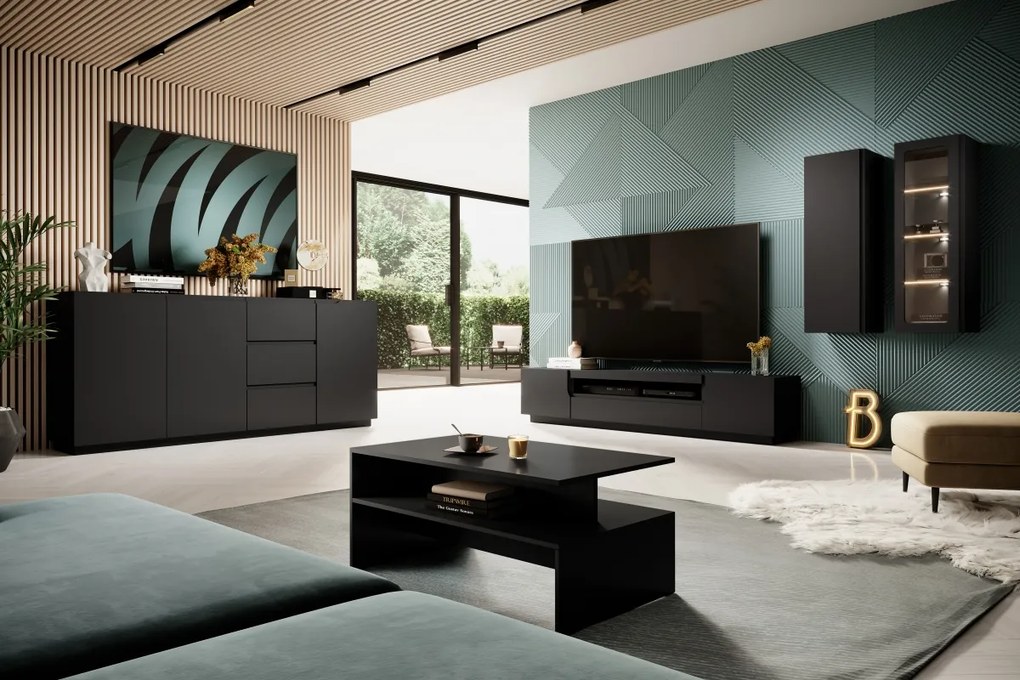 Comodă TV Loftia 200 cm cu 2 uși - negru / negru mat