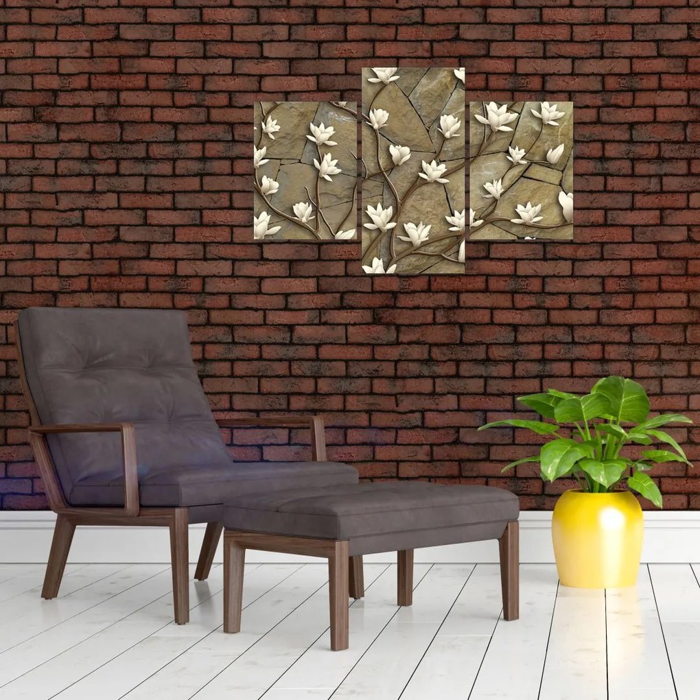 Tablou - Magnolii albe pe zidărie de piatră (90x60 cm)