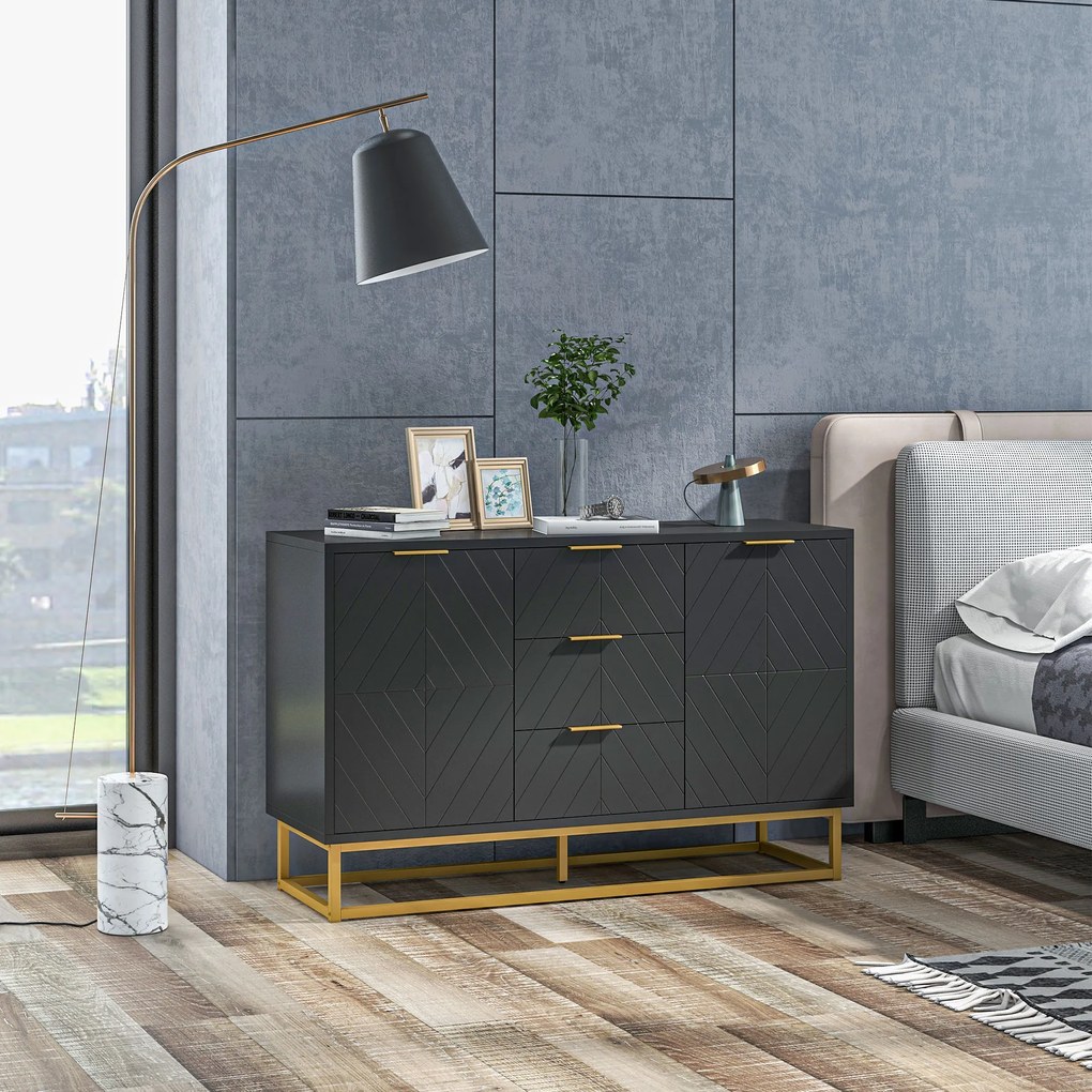 HOMCOM Bufet design contemporan grafic 2 dulapuri usa rafturi reglabile 3 sertare glisante din lemn negru metal aur | Aosom Romania