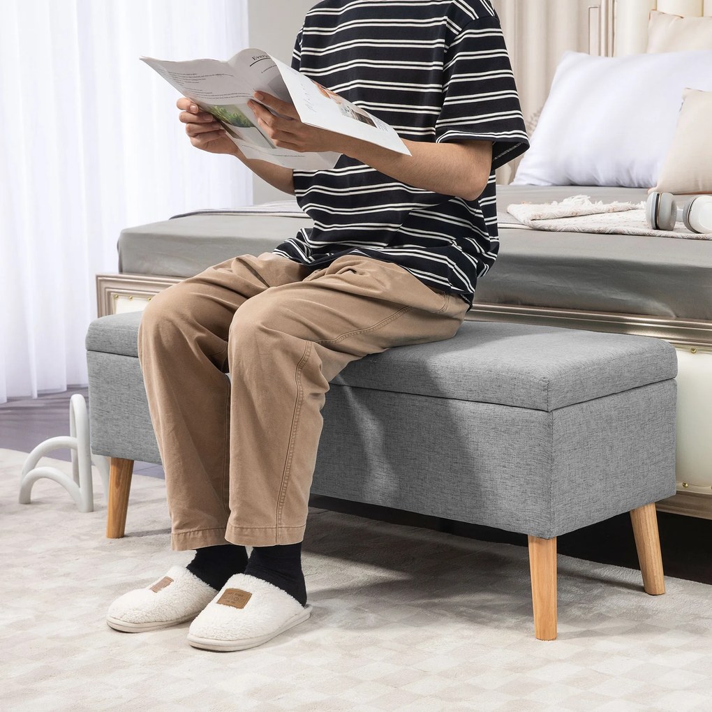 HOMCOM băncuță tapițată cu spațiu de depozitare, material textil tip in, picioare de lemn, capacitate 220 kg, 110x39x45 cm, gri | Aosom Romania
