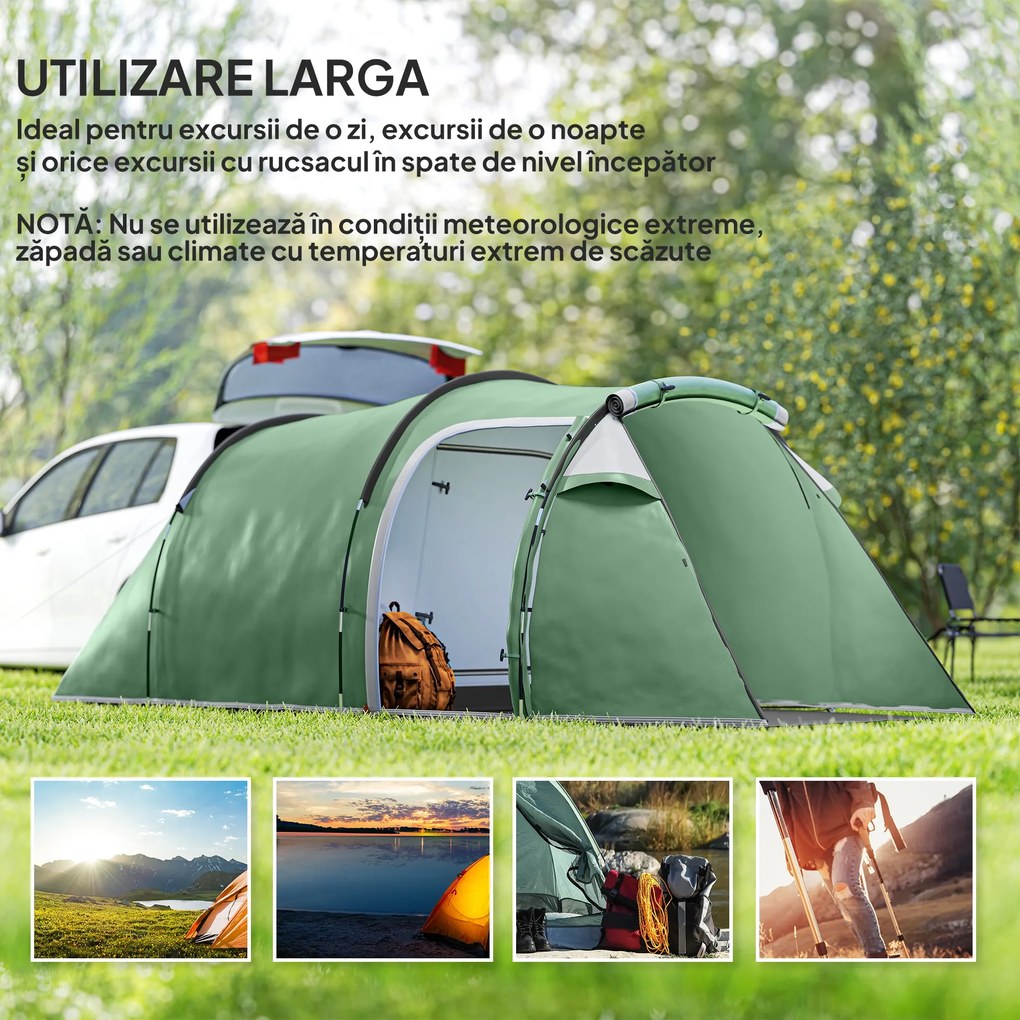 Cort Camping 4 Persoane Outsunny, Impermeabil, Usi cu fermoar 426x206x154cm Verde Inchis | Aosom Romania