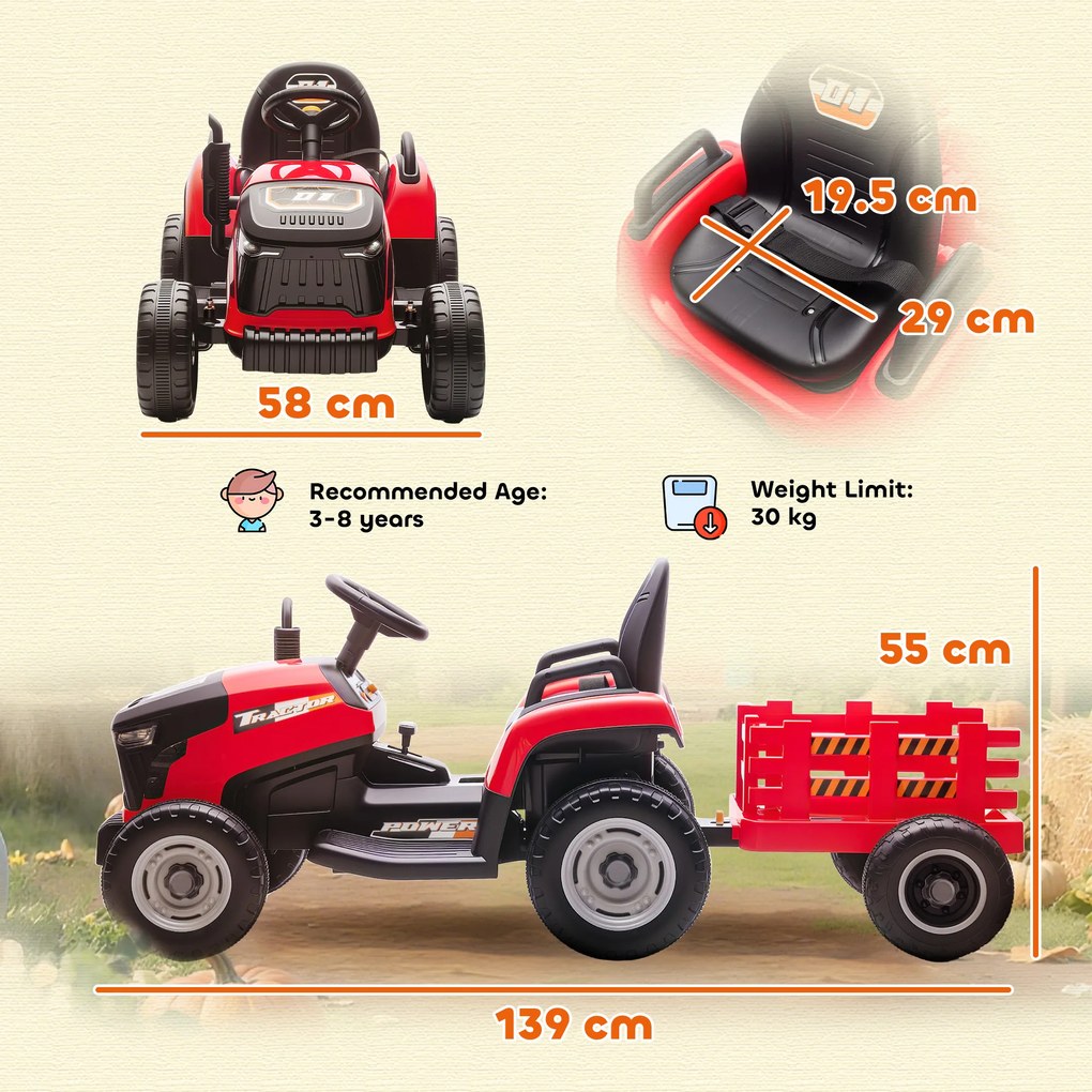 AIYAPLAY 2 în 1 Tractor Electric pentru Copii 3-8 Ani cu Remorcă Detașabilă, Telecomandă, Muzică, Lumini, Roșu | Aosom Romania