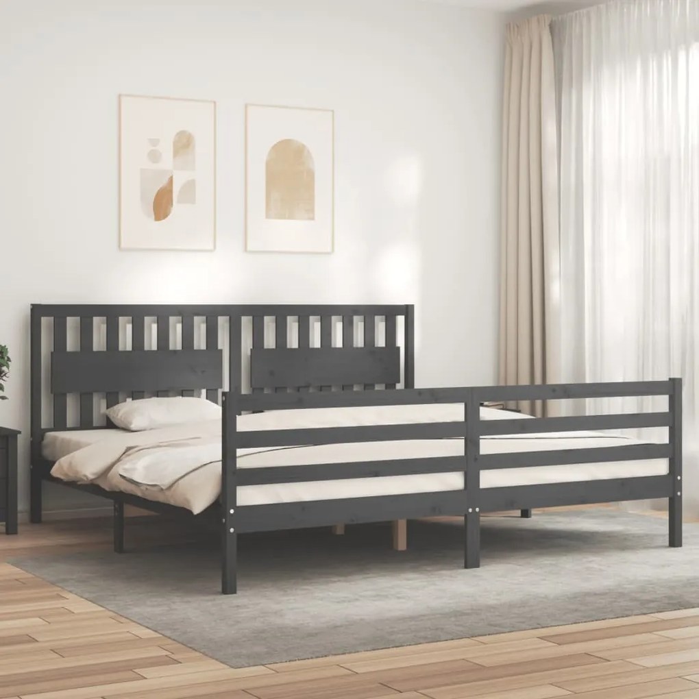 vidaXL Cadru pat cu tăblie 200x200 cm, gri, lemn masiv