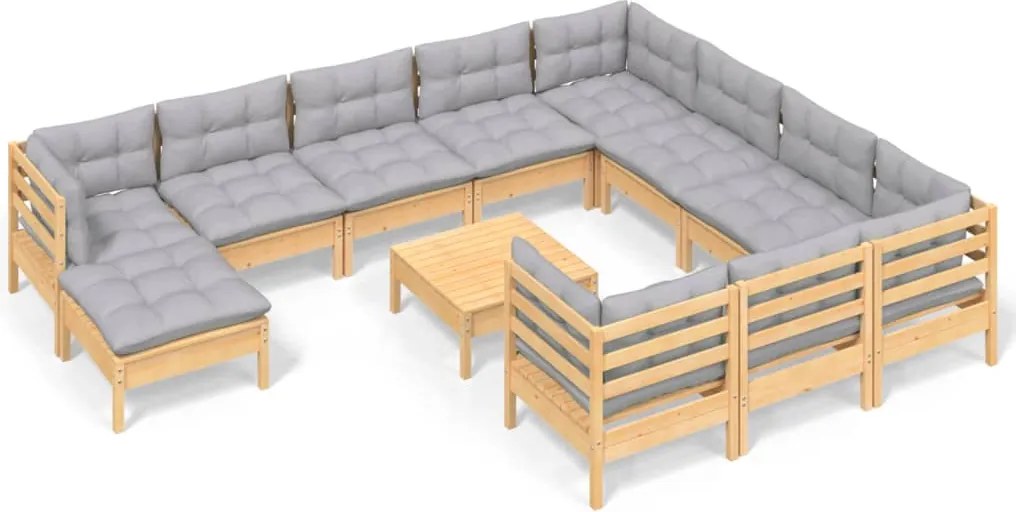 vidaXL Set mobilier grădină cu perne, 12 piese, gri, lemn masiv pin