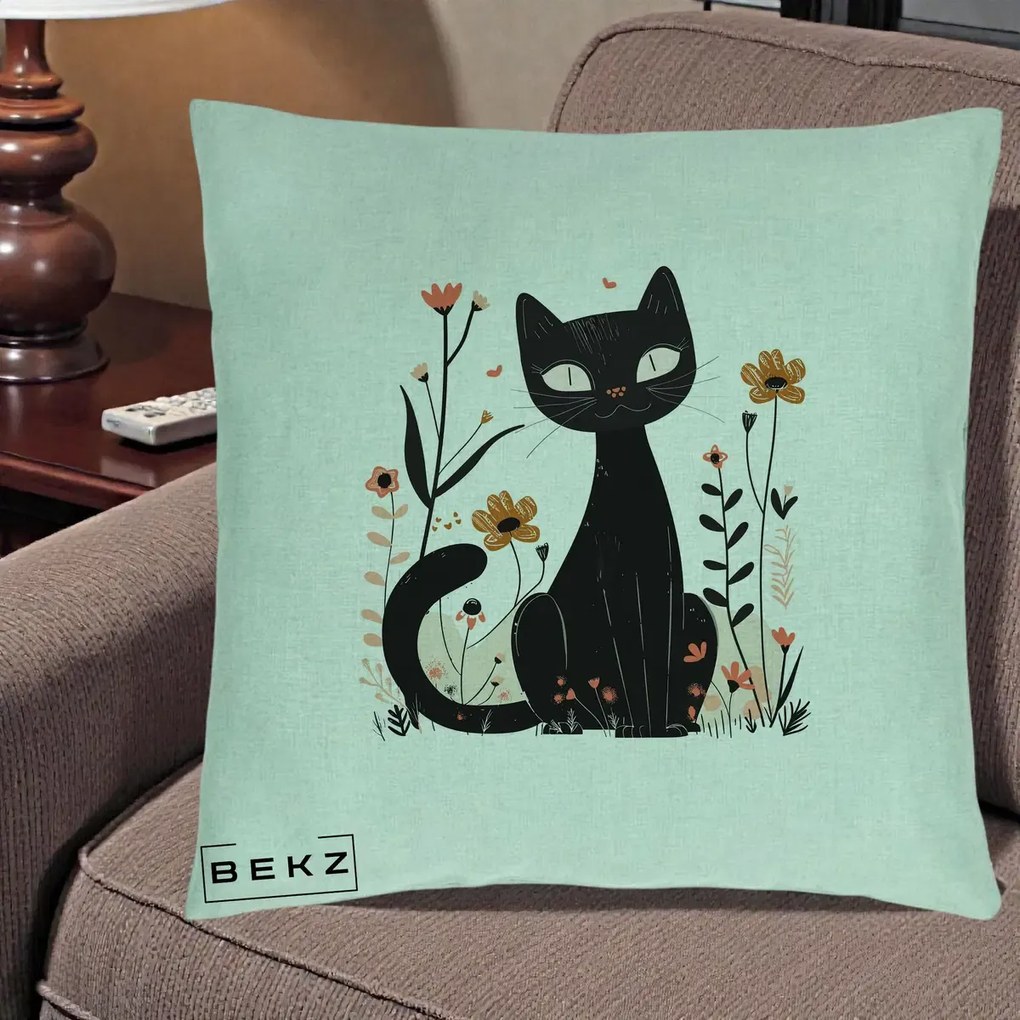 Perna Decorativa Pisica Neagra Flori Pastel Folk, 40x40 cm, Verde Menta, Husa Detasabila, Perna Inclusa, BEKZ®