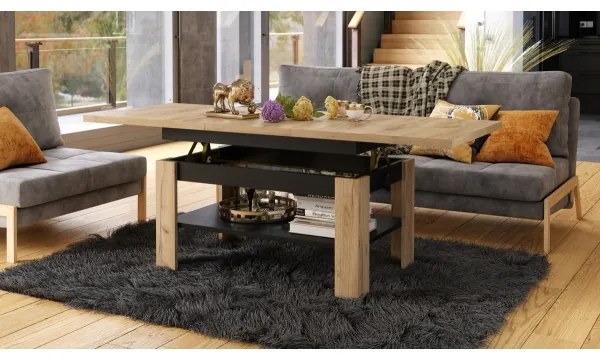 Masă extensibilă ROY pentru living și dining, cu blat rabatabil, stejar craft/negru